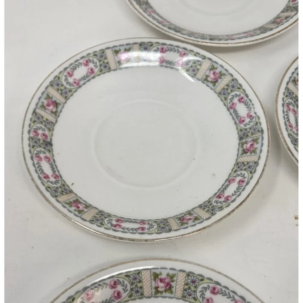 KPM Krister Germany Porcelain Saucer Set 5 Pink Rose Garland Gold Trim Antique